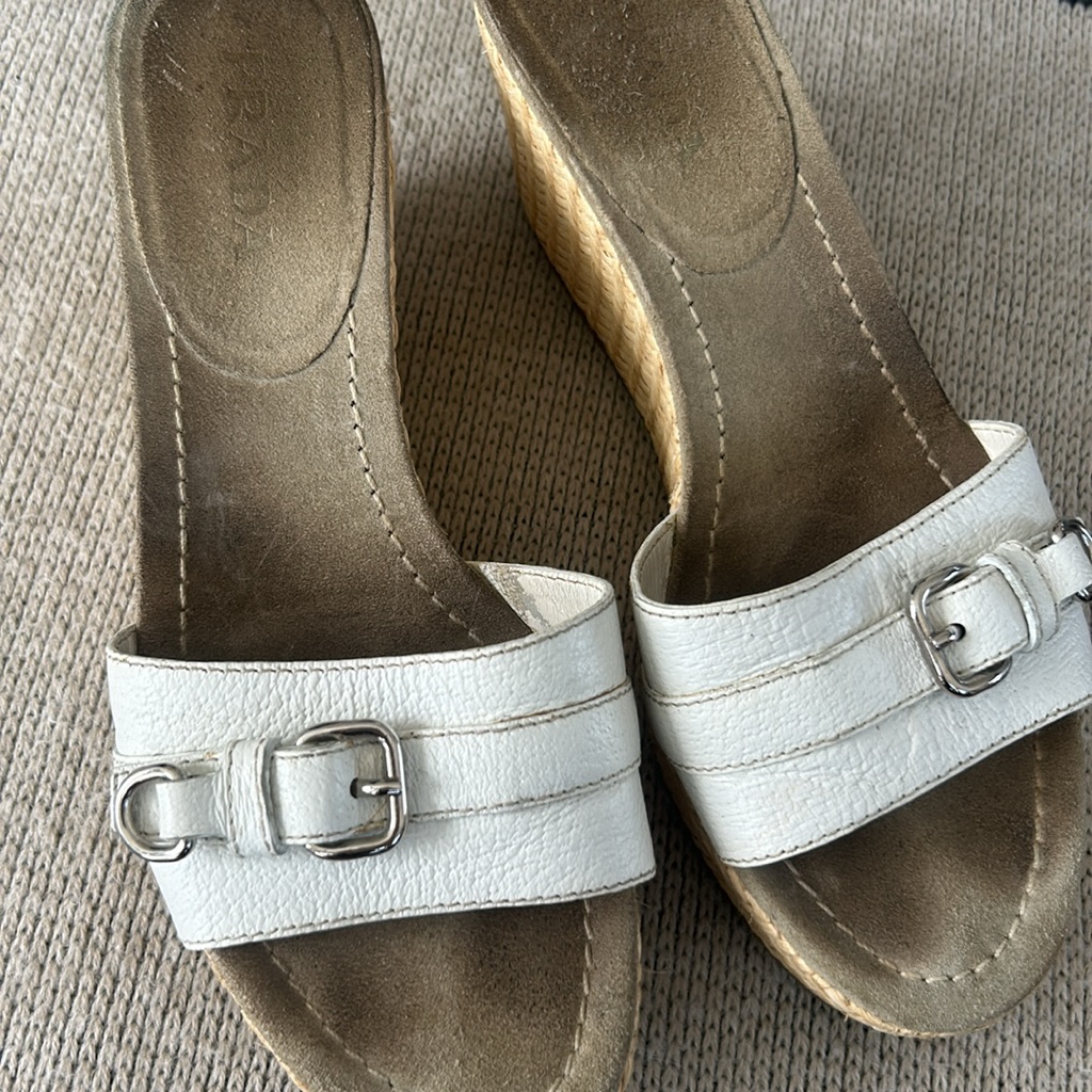 Prada Straw Weave Buckle Wedges White Size 37.5